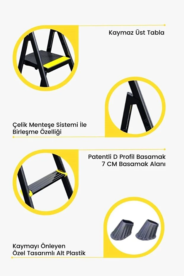 Alp Siyah 3+1 Metal Basamaklı Katlanabilir Merdiven